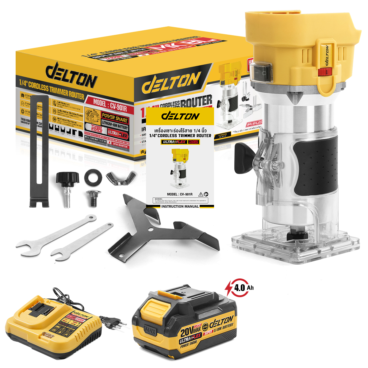 ทริมเมอร์ไร้สาย (พร้อมแบตเตอรี่) DELTON รุ่น CV-901R ULTRAFLEX 20V 4AH_1